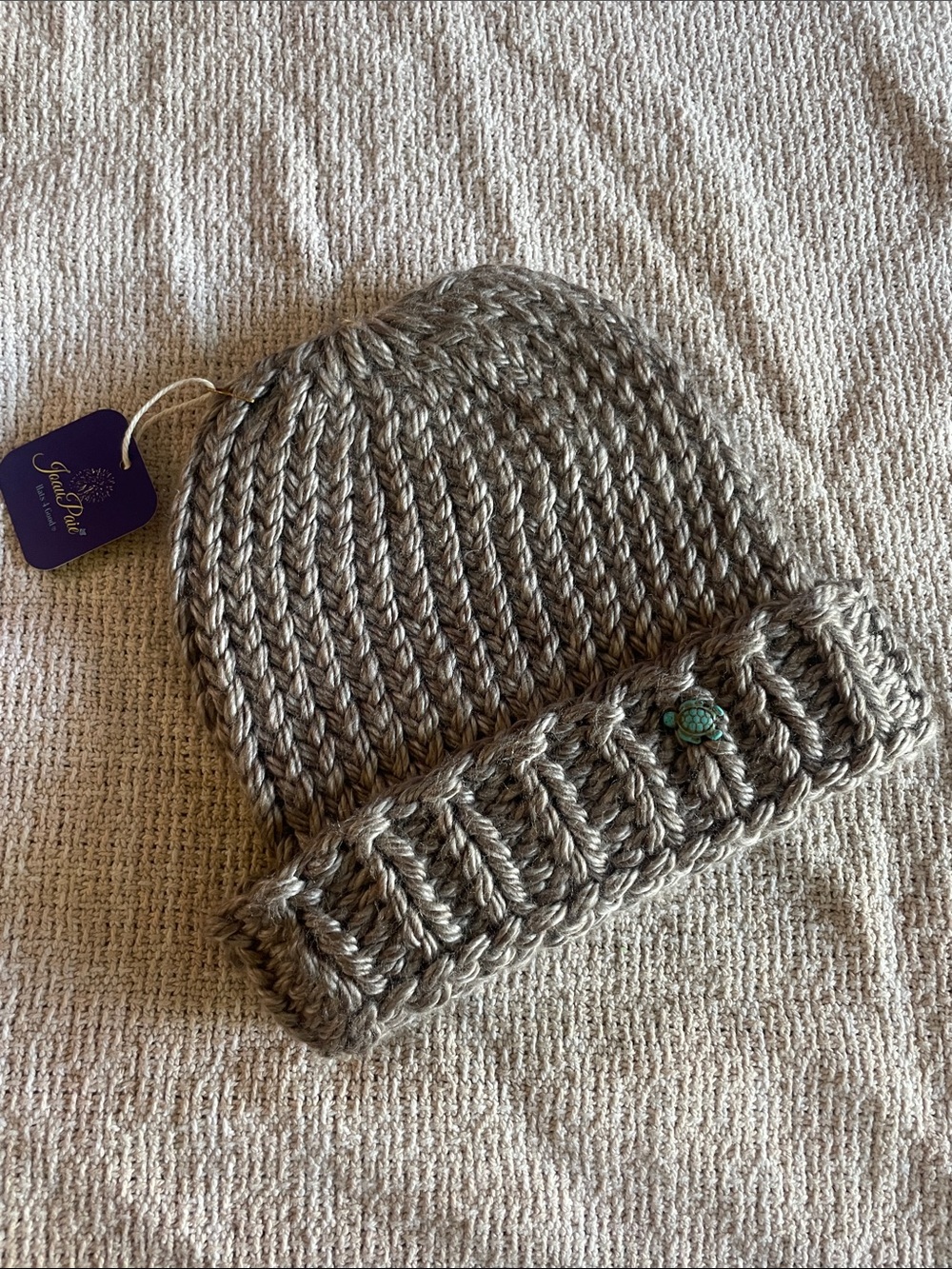 Fuzzy Knit Beanie with Turquoise Turtle Accent